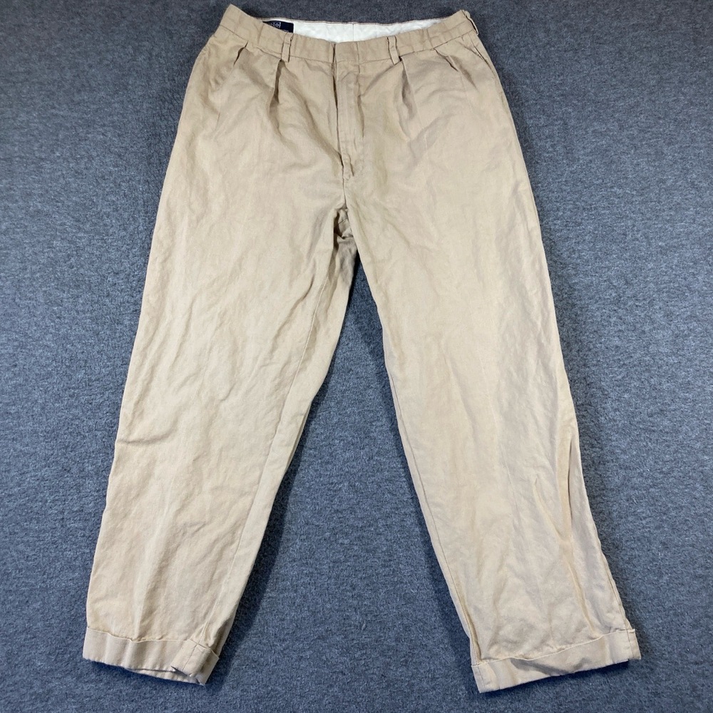 Polo By Ralph Lauren Linen Blend Pants Mens 34X30 Khaki Pleated Cuffed